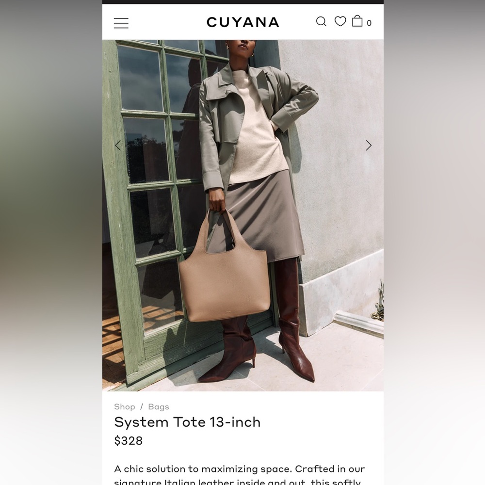 System Tote 13-inch $328 with long strap $98 and laptop sleeve $98 cappuccino